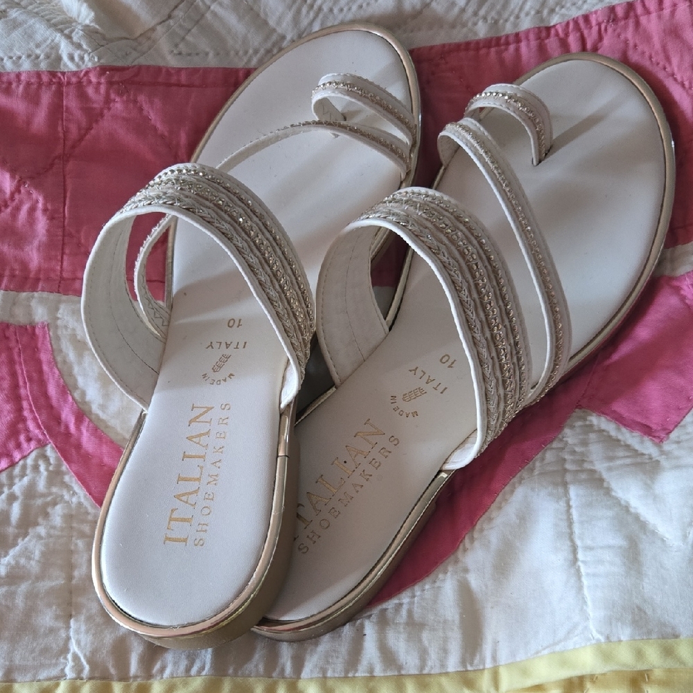 Italian Shoemakers White Beaded Slide Sandals with Gold Trim